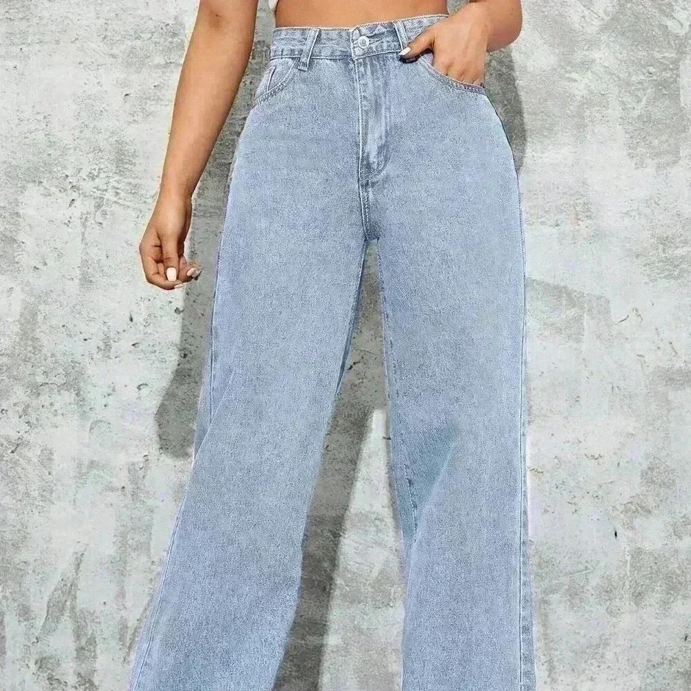 Light Wash Casual Women's High Waist Wide Leg Jeans - Picture 2 of 6